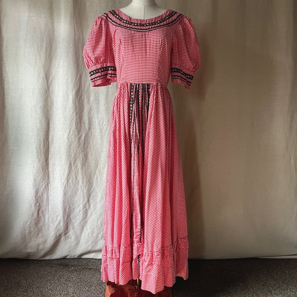 Vintage 1970s Red Gingham Prairie Dress Apron Set Cottagecore Maxi Dress S/M